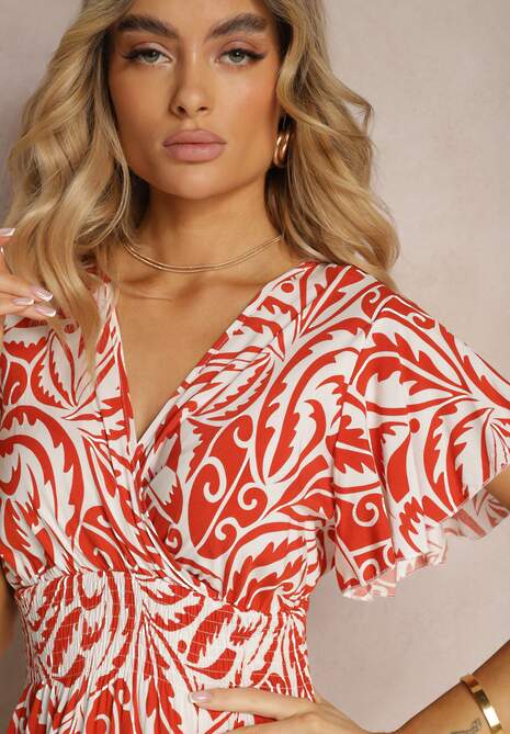 Pomarańczowo-Biała Wiskozowa Sukienka o Rozkloszowanym Kroju z Kopertowym Dekoltem Lereria