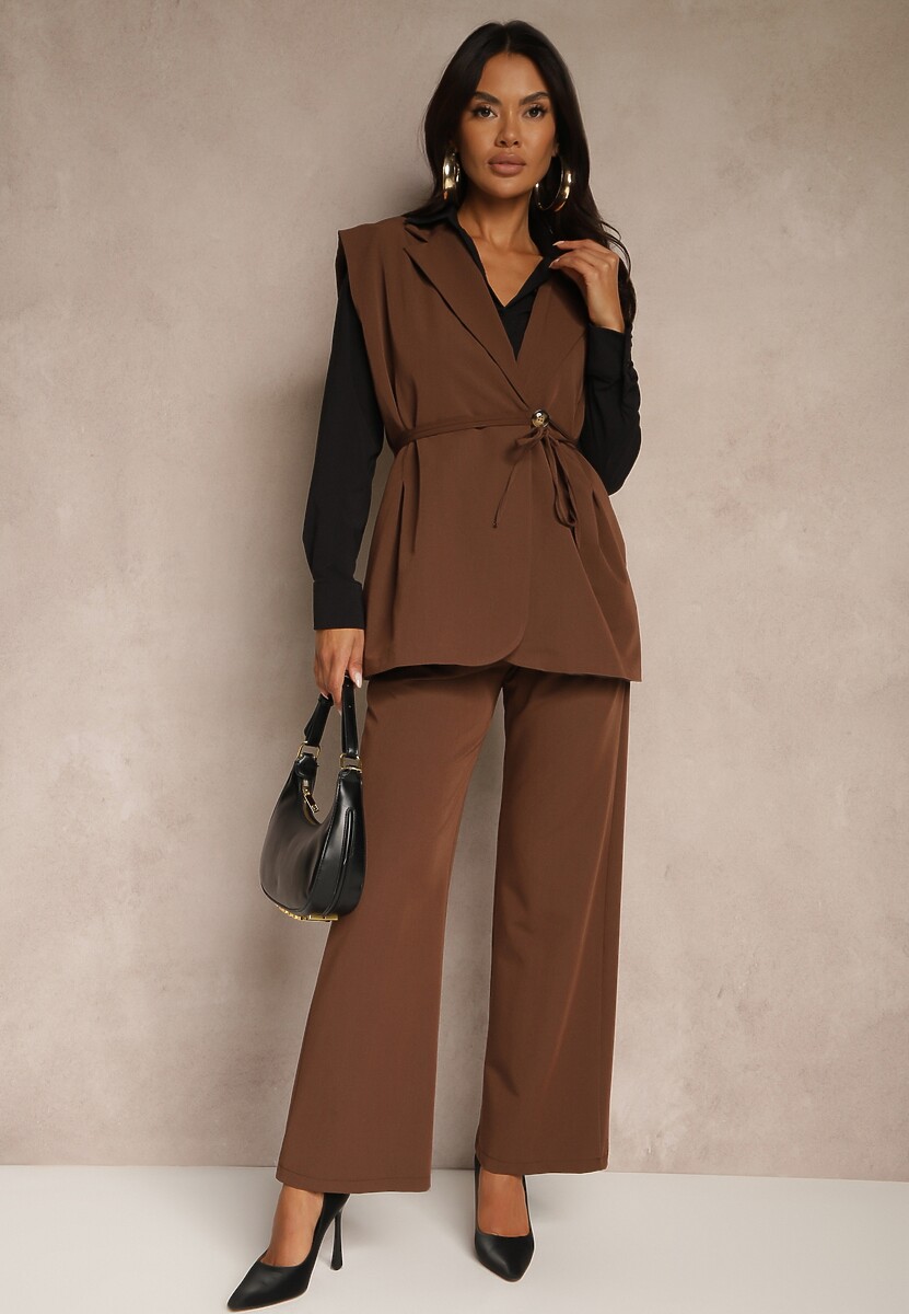 Brązowy Garniturowy Komplet Kamizelka z Wiązaniem i Spodnie o Szerokim Kroju Davielis