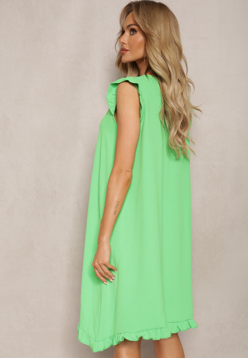 Jasnozielona Trapezowa Sukienka na Lato Bez Rękawów z Falbanką Heola