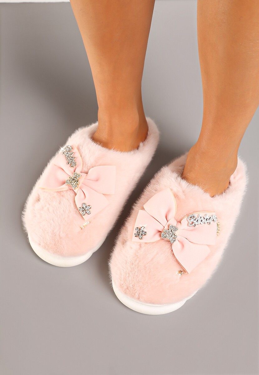 Różowe Kapcie na Płaskiej Podeszwie z Futerkiem Kokardą i Cyrkoniami Mianoria