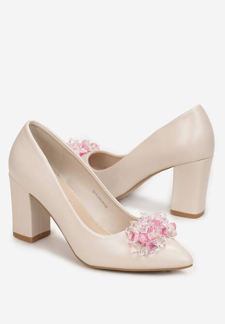 Beżowe Czółenka na Słupku z Wkładką ze Skóry Naturalnej Reyusa