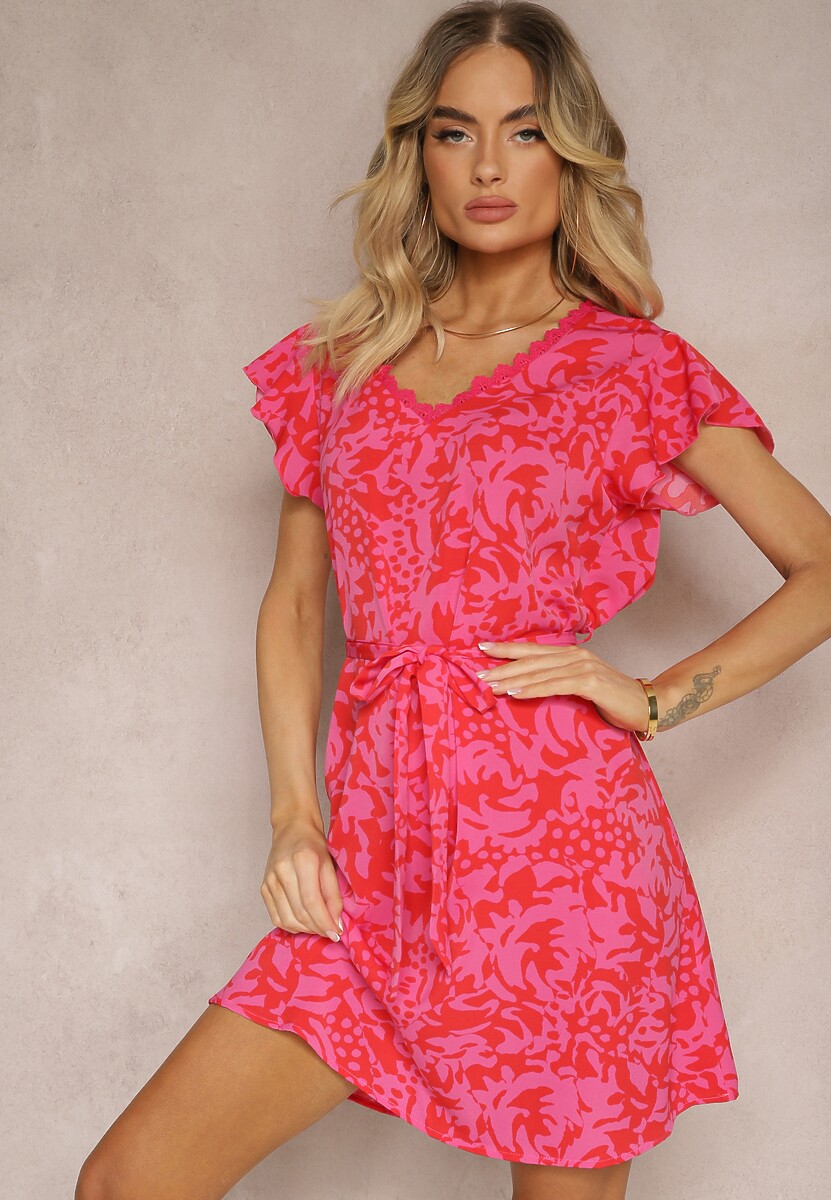 Niebiesko-Granatowa Sukienka z Dekoltem z Siateczką z Krótkim Rękawem i Materiałowym Paskiem Mleasa