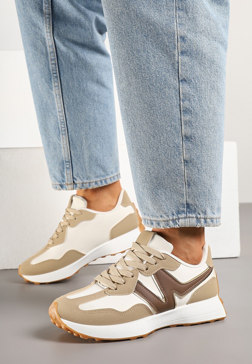 Ciemnobeżowe Sneakersy z Geometrycznym Wzorem Jenaviella