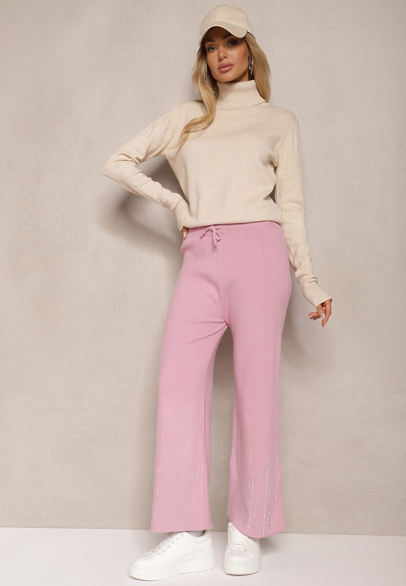 Różowe Spodnie o Szerokim Kroju High Waist z Cyrkoniami i Gumką w Pasie Loreitha