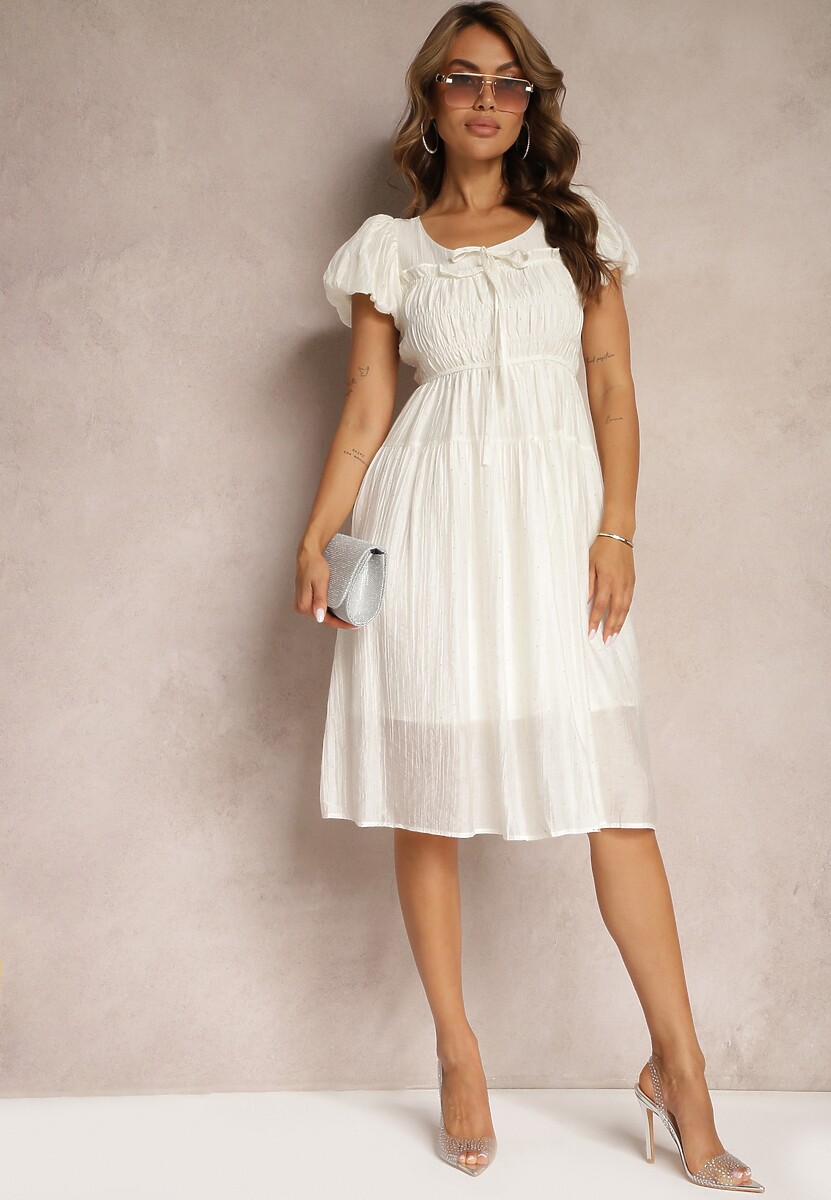 Jasnobeżowa Sukienka z Bufiastymi Rękawami i Gumką w Pasie o Rozkloszowanym Kroju Vikkitha