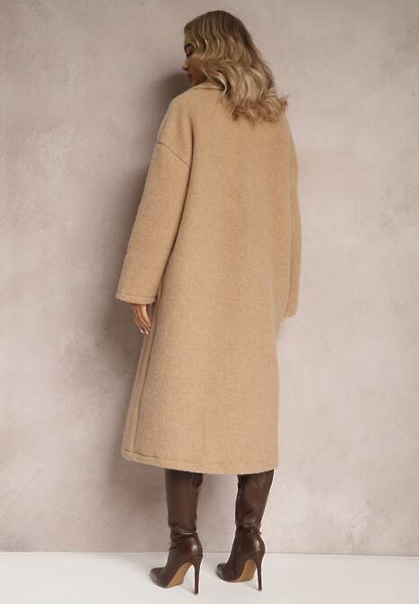 Beżowy Długi Płaszcz Jednorzędowy o Kroju Oversize Vlekoma