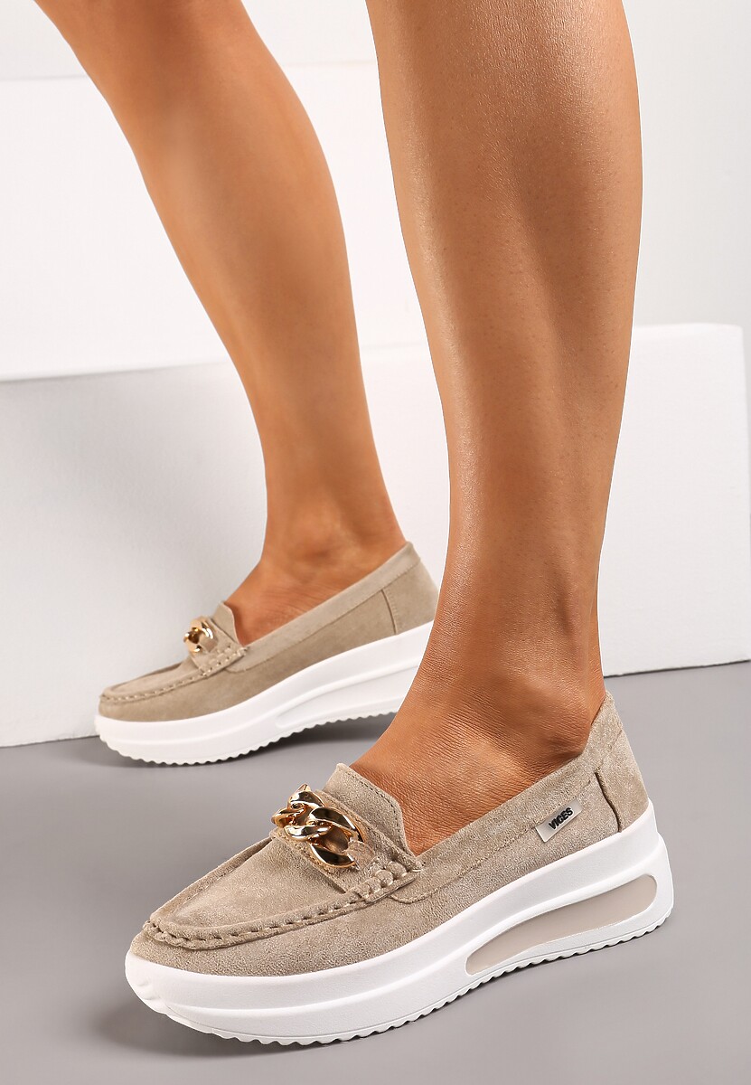 Ciemnobeżowe Mokasyny z Łańcuszkiem na Wysokiej Platformie Iracana