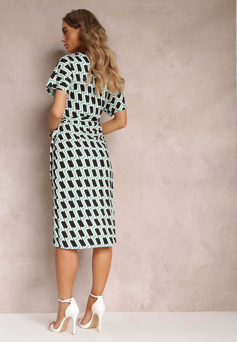 Jasnozielona Kopertowa Sukienka Wiązana w Pasie w Geometryczny Wzór  Aphrosia