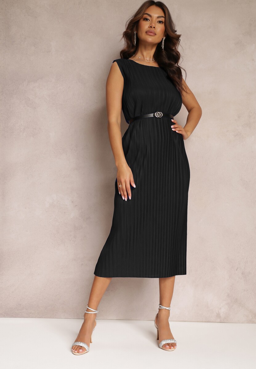 Pomarańczowa Pudełkowa Sukienka Midi z Plisowanej Tkaniny z Paskiem z Klamerką Lanaia