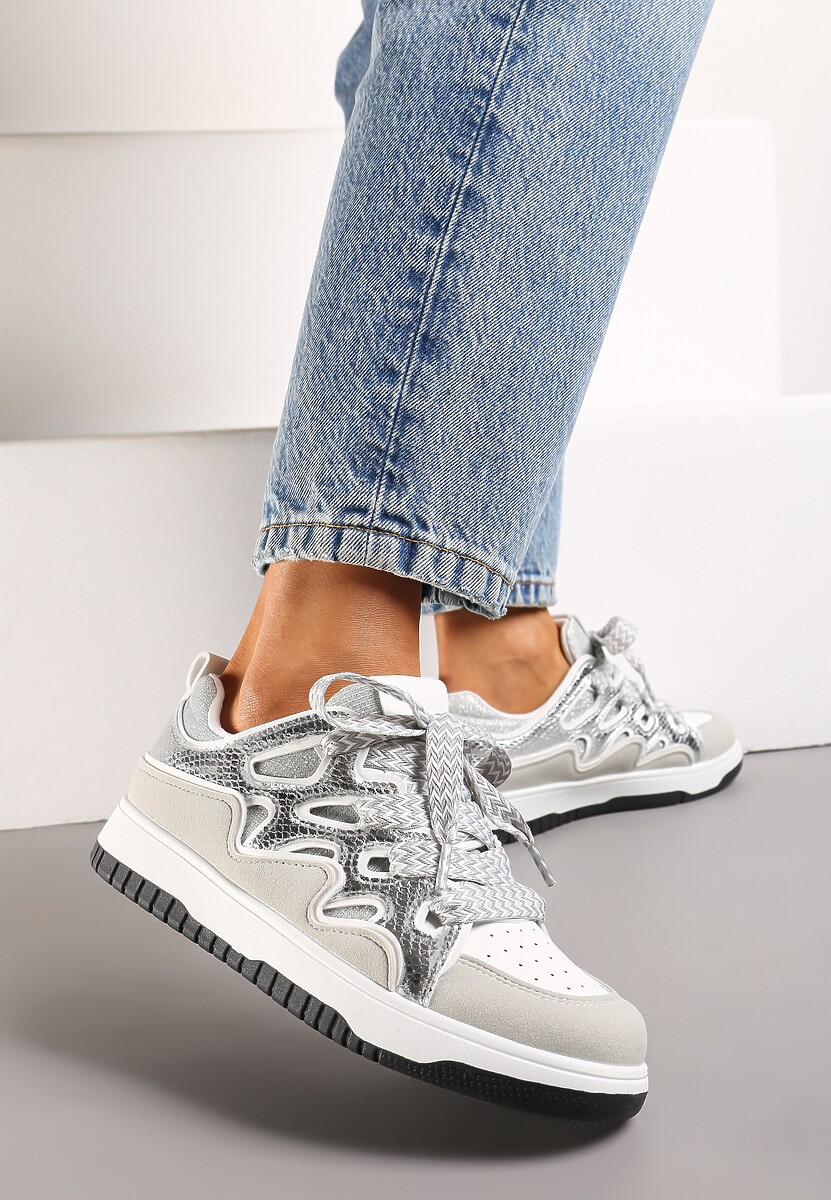 Srebrne Sneakersy z Metalicznym Błyskiem i Podwójnym Sznurowaniem Piniara
