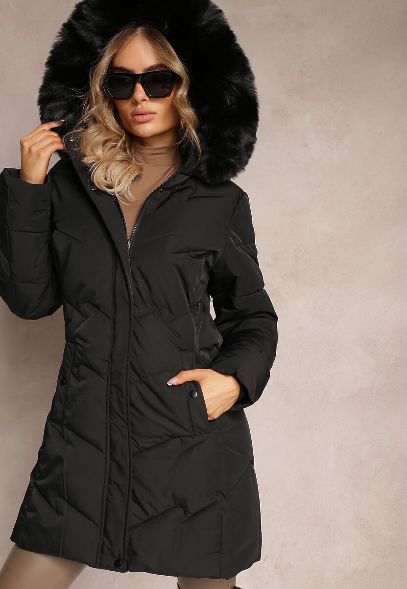 Czarna Pikowana Kurtka przed Kolano z Kapturem i Futerkiem Persepia