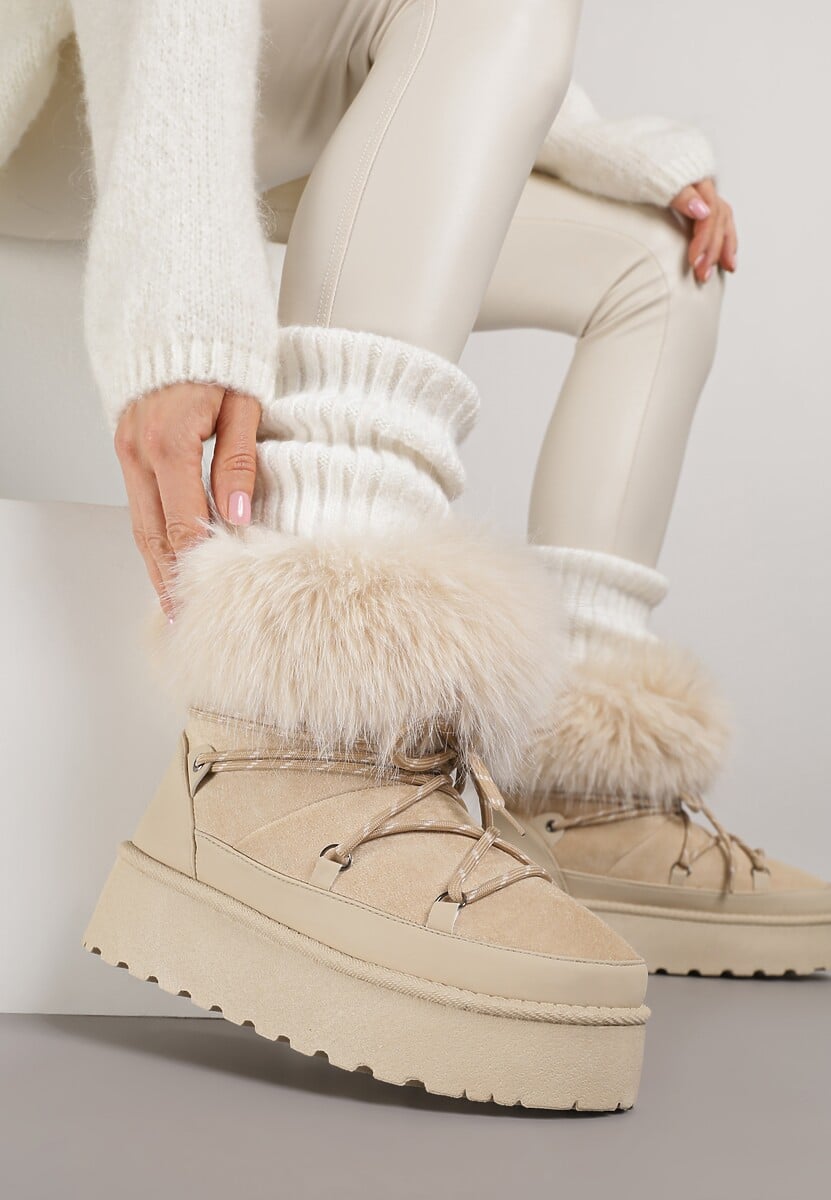 Beżowe Śniegowce na Platformie Ozdobione Futerkiem Teswena