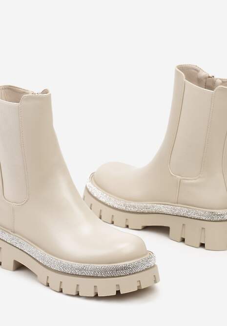 Beżowe Botki Sztyblety na Tłoczonej Podeszwie z Ozdobną Cyrkoniową Wstawką Pretivra