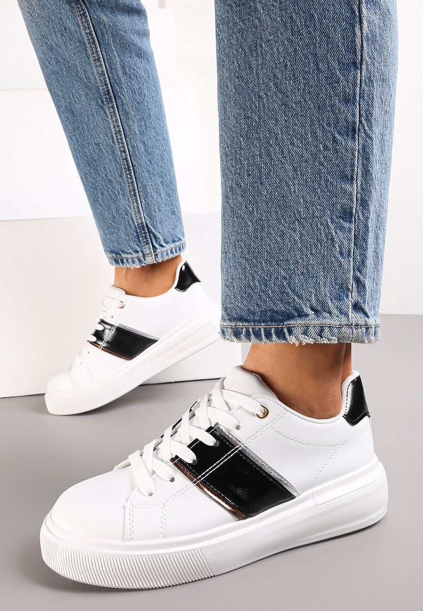 Biało-Czarne Sneakersy na Niskiej Platformie z Metalicznymi Wstawkami Tommu