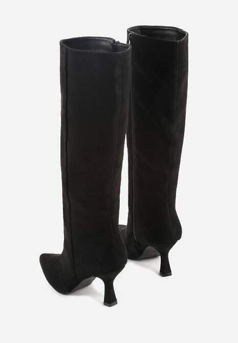 Czarne Kozaki z Imitacji Zamszu z Przeszywaną Cholewką i Obcasem Kaczuszka Anuvitte