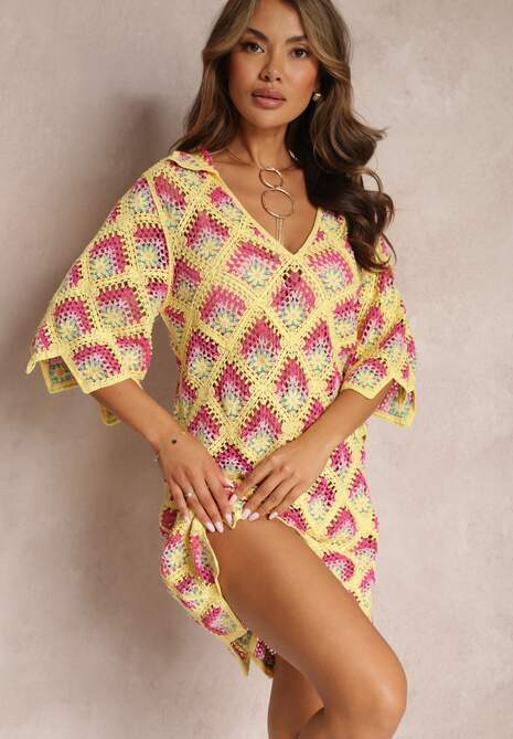 Żółta Szydełkowa Sukienka z Głębokim Dekoltem i Krótkim Rękawem z Bawełny Achla