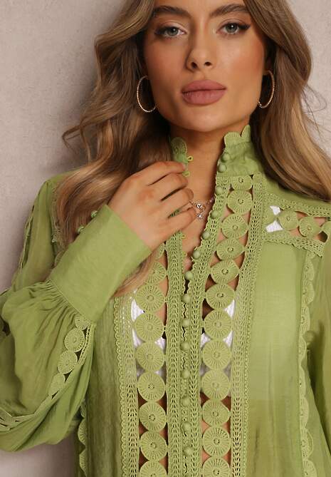 Zielona Koronkowa Tunika Pudełkowa z Falbaną Nawal