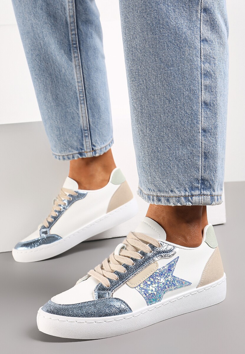 Biało-Szampańskie Sneakersy z Brokatowymi Wstawkami i Gwiazdką Reniva