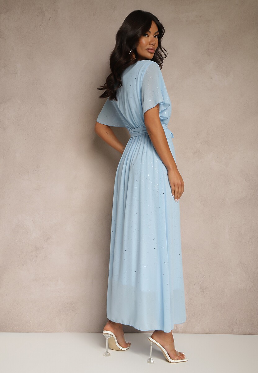 Niebieska Koktajlowa Brokatowa Sukienka z Paskiem Addlea