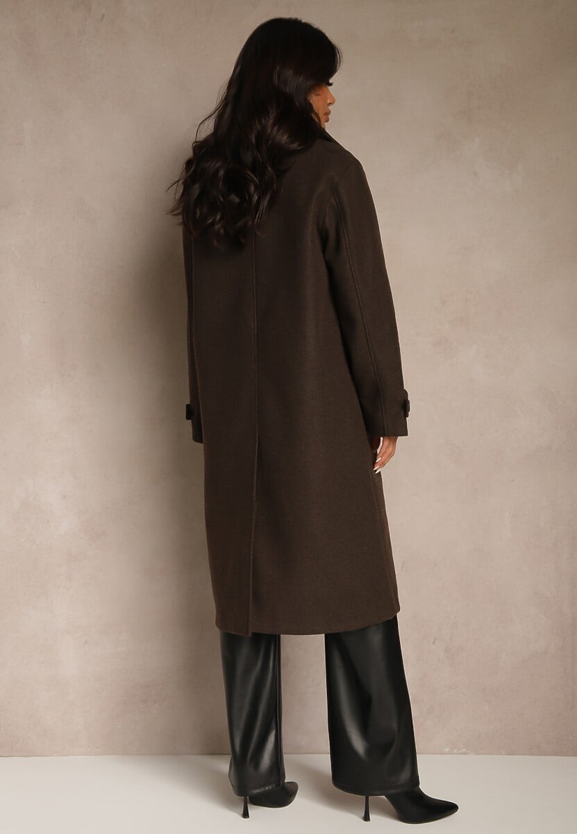 Brązowy Płaszcz Jednorzędowy z Wiskozą i Wełną Typu Trencz Maitila