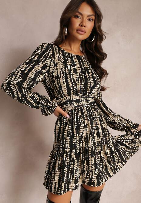 Czarna Taliowana Sukienka Mini z Falbanką Nirtun