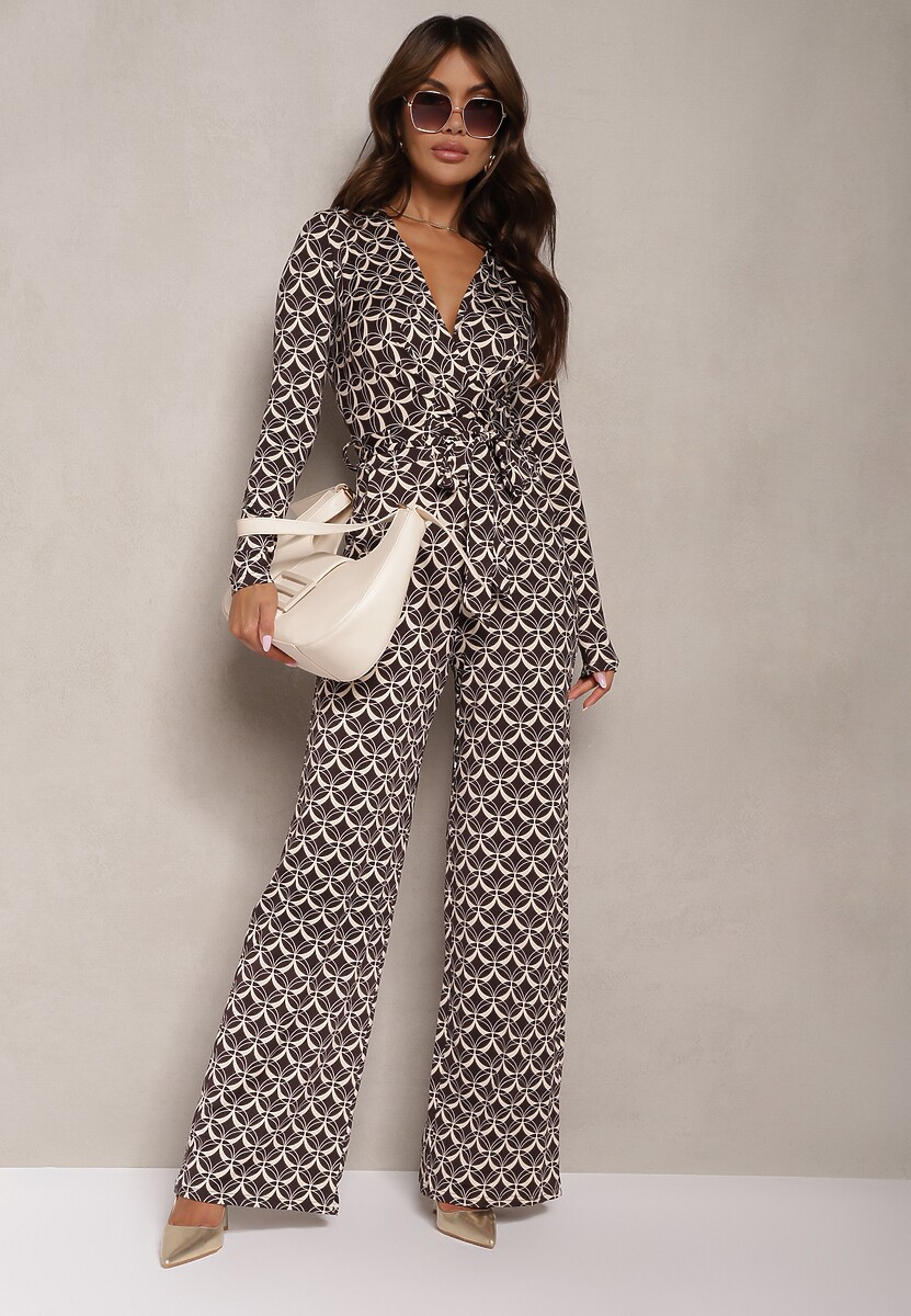 Brązowy Kombinezon z Mozaikowym Wzorem z Dekoltem w Serek i Paskiem Inafil