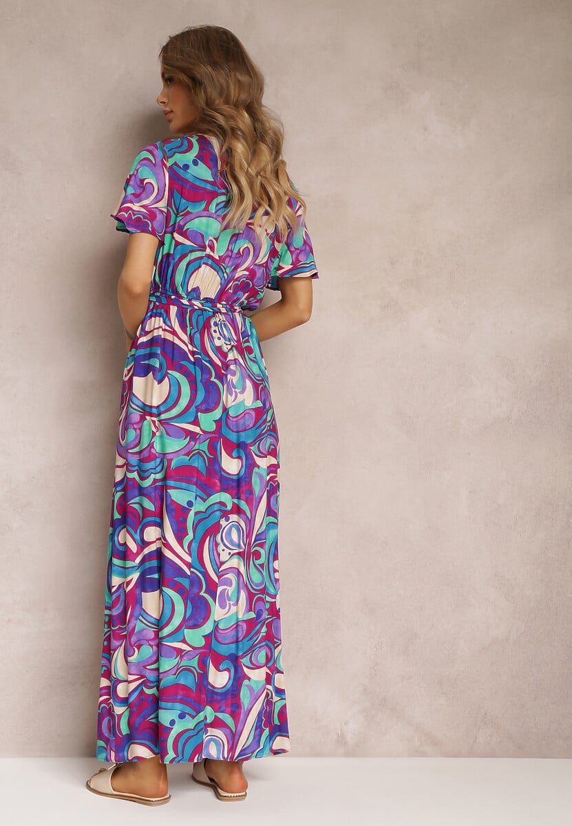 Fioletowa Wiskozowa Sukienka Maxi z Gumką w Talii i Materiałowym Paskiem Saramu