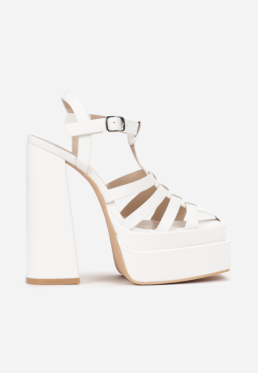 Białe Sandały na Wysokim Słupku i Platformie z Kwadratowym Noskiem i Sprzączką Lakota