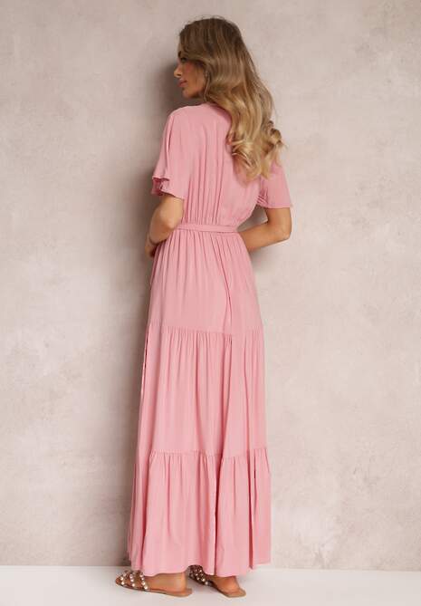 Różowa Rozkloszowana Sukienka z Falbanką i Wiązanym Paskiem Adotine