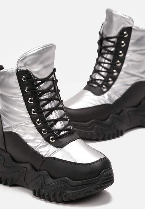 Czarno-Srebrne Traperki na Grubej Podeszwie Lorkani
