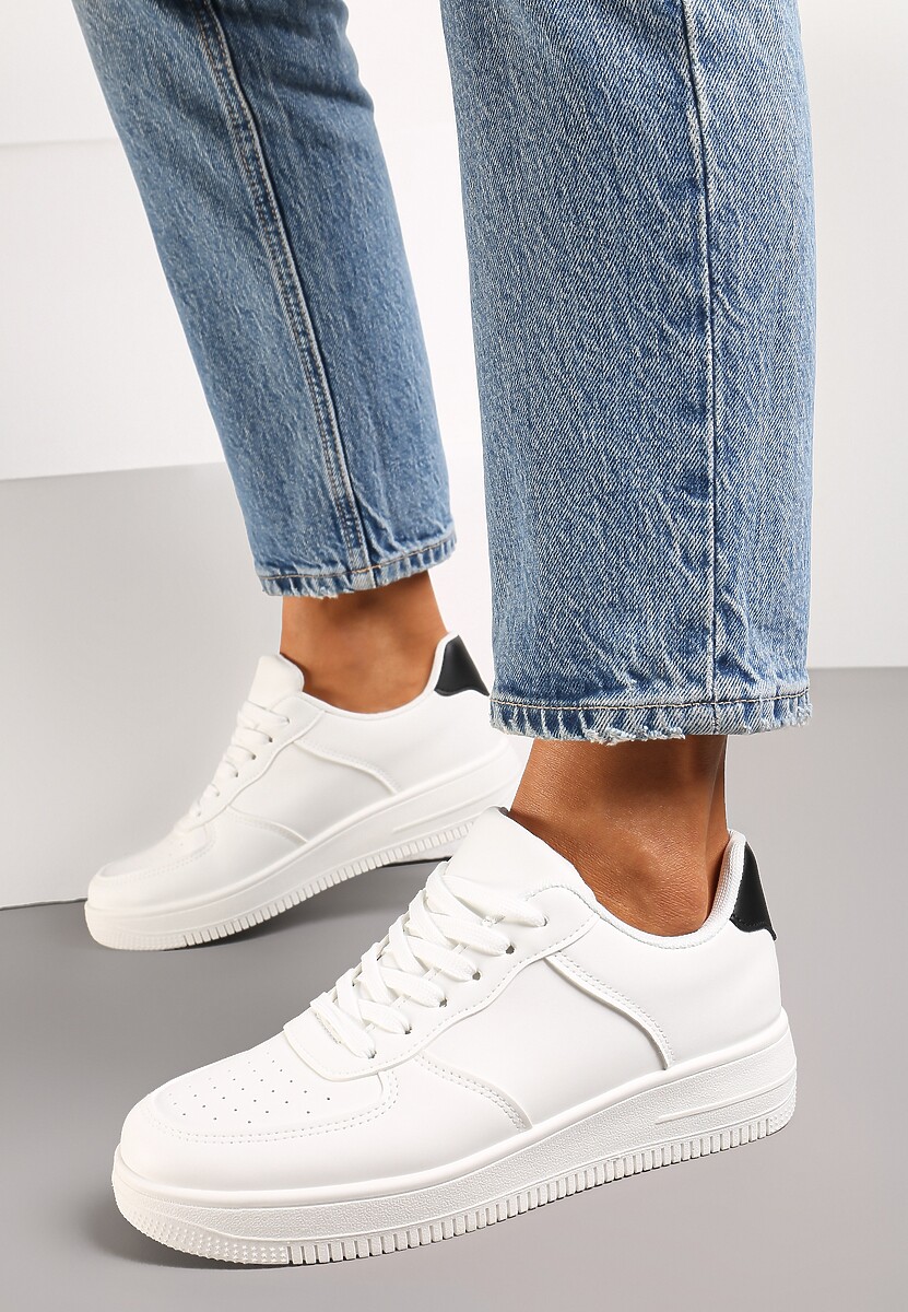 Biało-Czarne Sneakersy ze Ekoskóry ze Sznurowaniem i Przeszyciami Borsana