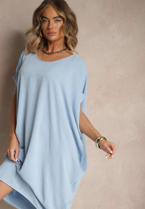 Niebieska Sukienka Mini o Fasonie Nietoperza z Okrągłym Dekoltem Maglia