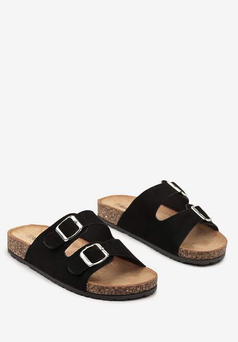 Czarne Klapki z Dwiema Sprzączkami na Korkowej Podeszwie Alathena