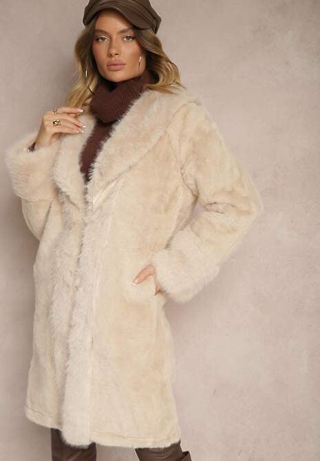 Beżowa Kurtka Futro o Długim Kroju z Wiskozą Ninnarlia