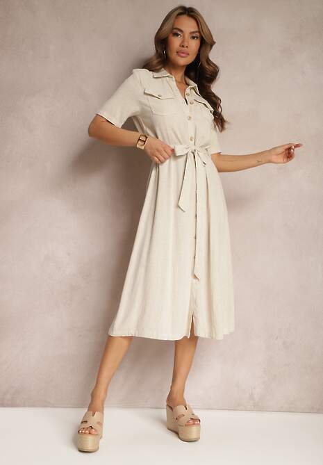 Ciemnobeżowa Wiskozowa Sukienka z Lnem i Guzikami oraz Krótkim Rękawem Ozdobiona Materiałowym Paskiem Gracilla