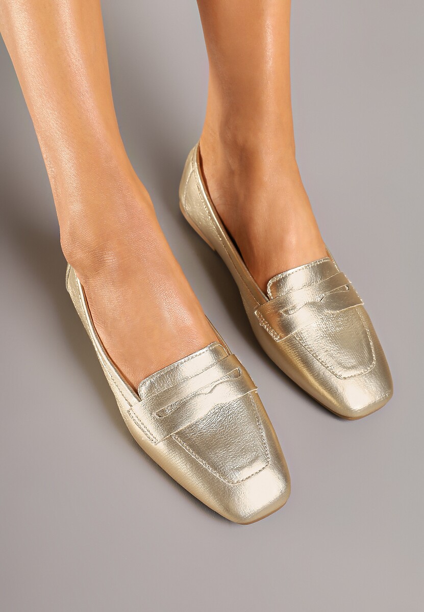 Złote Mokasyny z Kwadratowym Noskiem z Imitacji Zamszu Lalina