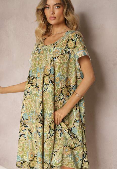 Żółta Sukienka Boho z Wiskozy z Cienkim Paskiem w Talii Rivasea