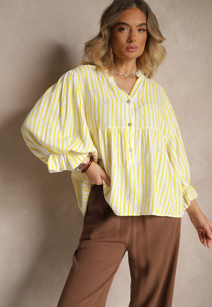 Żółta Koszula z Bawełny z Dekoltem w Serek Zdobiona Kwiatowym Wzorem Mailisse