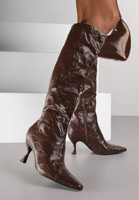 Brązowe Kozaki Vices na Szpilce w Stylu Slouchy z Efektem Cracked Todvire