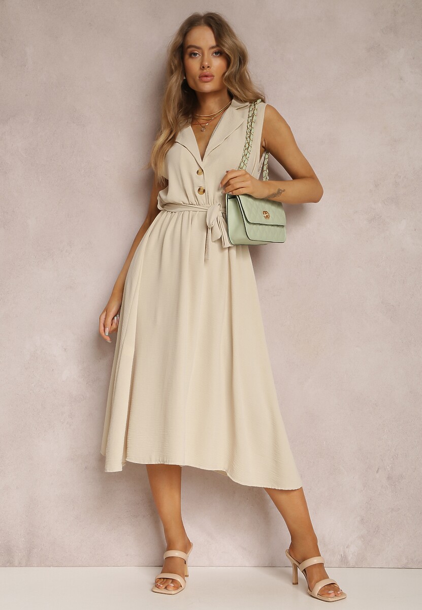 Beżowa Sukienka z Paskiem Phellialla