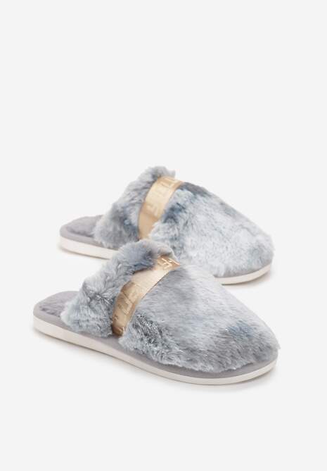 Szare Kapcie z Ozdobną Tasiemką i Sztucznym Futerkiem Demiopa