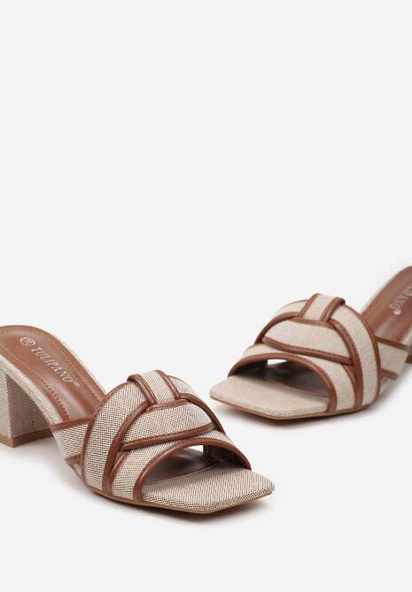 Beżowo-Brązowe Klapki na Powlekanym Słupku ze Splątanym Paskiem Aheloria