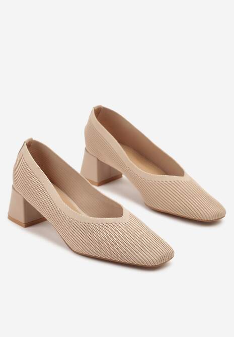 Beżowe Prążkowane Czółenka na Słupkowym Obcasie Fenellin