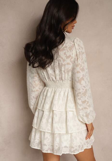 Jasnobeżowa Mini Sukienka o Rozkloszowanym Kroju z Falbankami i Marszczeniami Sealine