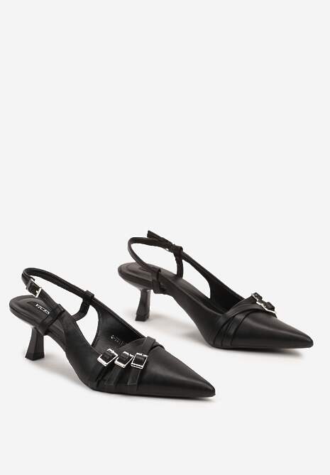 Czarne Czółenka z Noskiem w Szpic na Obcasie Kaczuszce z Dekoracyjnymi Klamrami Sinitte