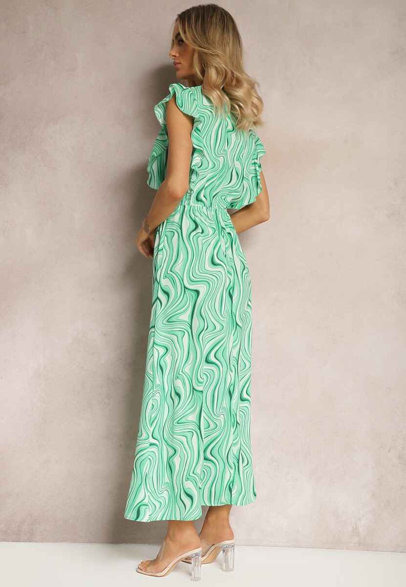 Jasnozielona Rozkloszowana Sukienka z Guzikami i Gumką w Talii Mottella