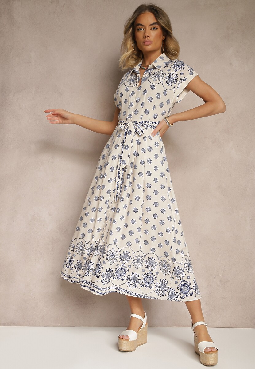 Beżowo-Niebieska Wiskozowa Sukienka w Kwiaty o Koszulowym Kroju z Wiązanym Paskiem Iffiana