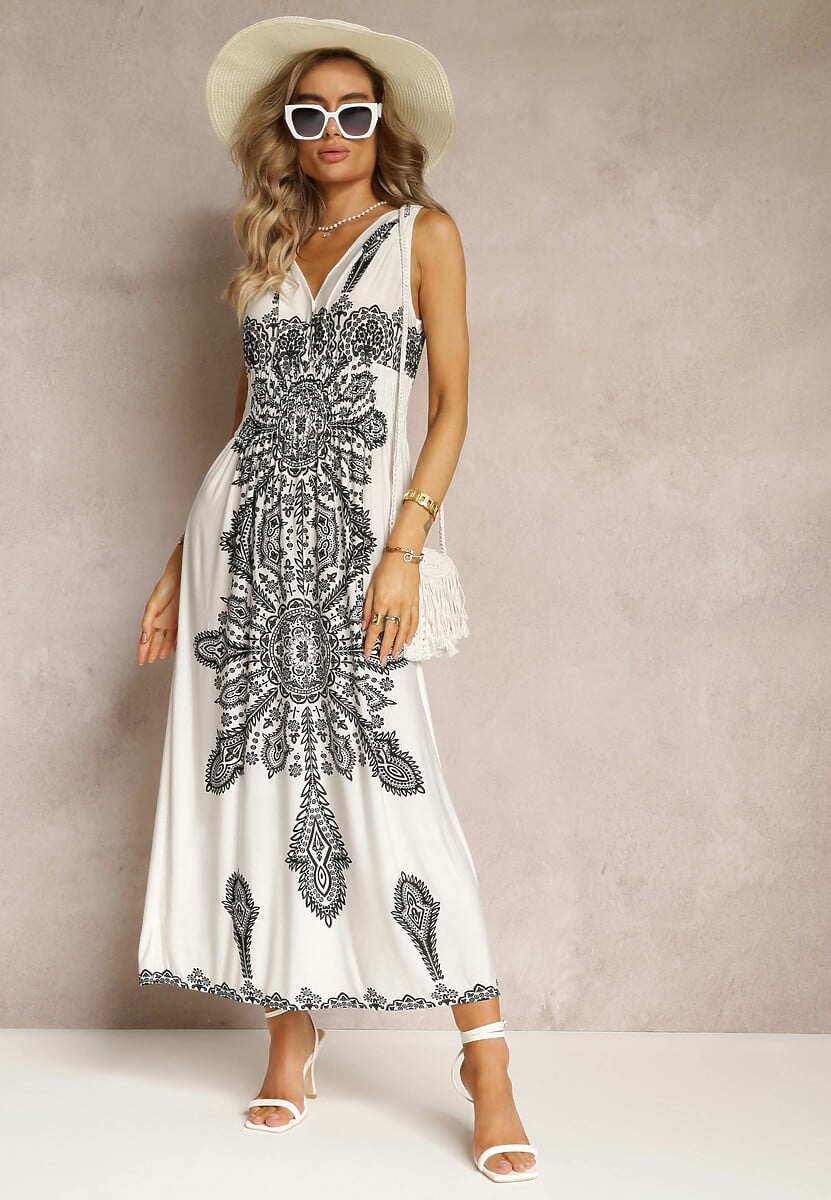 Biała Długa Sukienka z Wzorem Boho Sznurkami na Ramionach i Gumką w Pasie Hideni