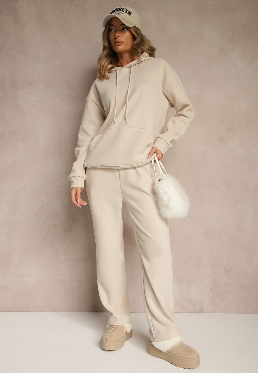 Beżowy 2-częściowy Komplet Dresowy z Bluzą i Spodniami Orifira