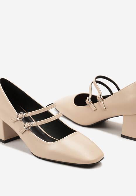 Beżowe Czółenka na Niskim Obcasie z Cienkimi Paskami i Sprzączkami Fortantia